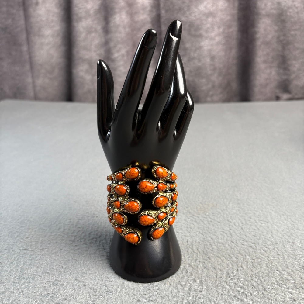 Boho Burnt Orange Faux Stone Gold Tone Hinge Cuff Bracelet Wide Statement